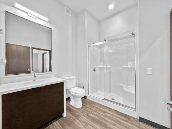 A modern bathroom with a brown vanity, white toilet, and a walk-in shower.