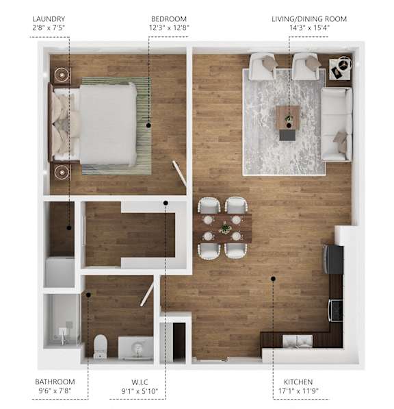 A floor plan of a small apartment with a laundry area, bedroom, living/dining room, kitchen, and bathroom.