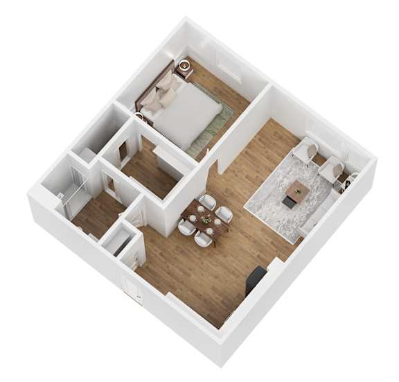 A top down view of a small apartment with a kitchen, living room, and bathroom.