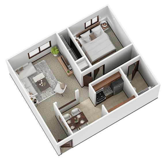 A 3D floor plan of a small apartment with two bedrooms, a living room, and a kitchen.