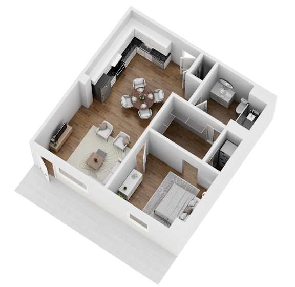 A white floor plan of a house with a kitchen, living room, and two bedrooms.