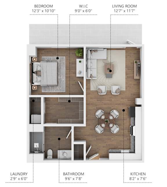 Floor Plan  A diagram of a small apartment layout with a bedroom, living room, kitchen, bathroom, and laundry area.