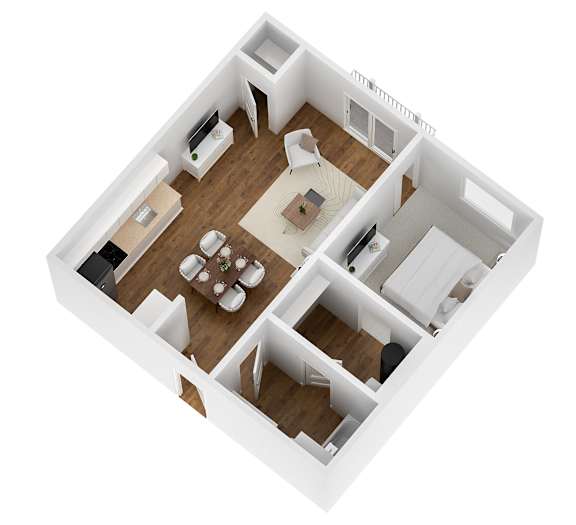 A white and wood floor plan of a house with a kitchen, living room, and bedrooms.