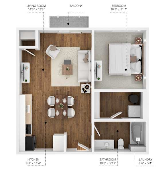 A diagram of a small apartment layout with a living room, kitchen, bathroom, bedroom, balcony, and laundry area.