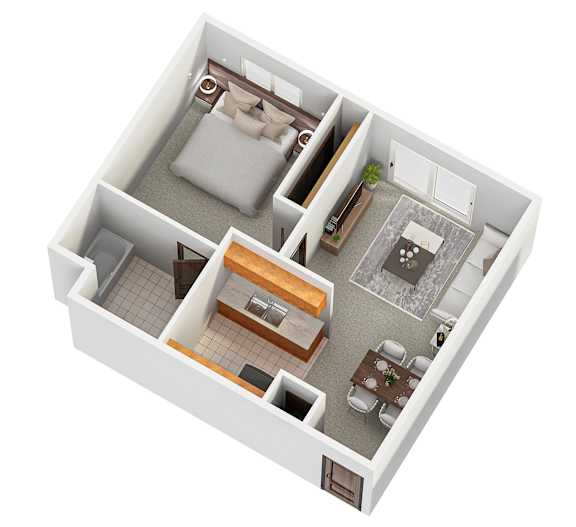 A top down view of a small apartment with a living room, kitchen, and bedroom.