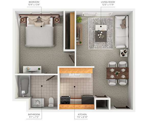 A diagram shows the layout of a small apartment with a bedroom, living room, kitchen, and bathroom.
