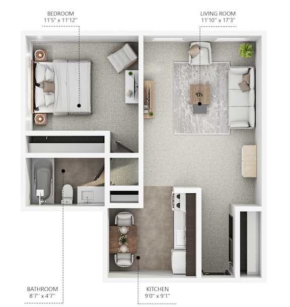 A diagram shows the layout of a small apartment with a bedroom, living room, bathroom, and kitchen.