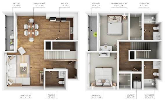 two floor plans of a room with a wood floor