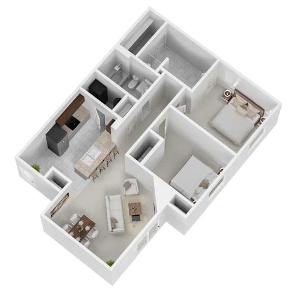 A 3D floor plan of a house with a kitchen, living room, and bathroom.