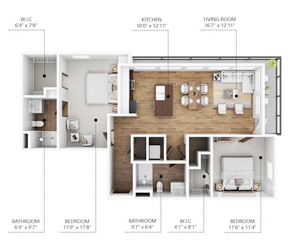 A floor plan of an apartment with a living room, kitchen, and four bedrooms.