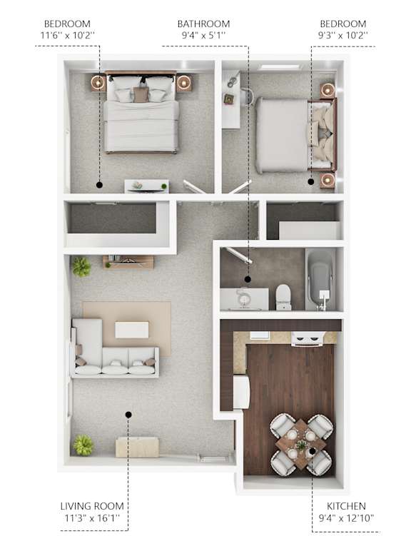 A diagram of a small apartment with a living room, kitchen, and two bedrooms.