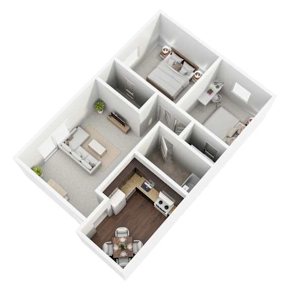 A 3D floor plan of a house with a living room, kitchen, dining room, and bathroom.