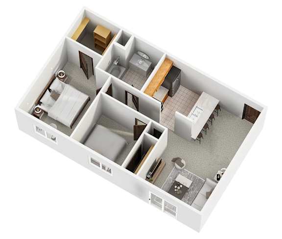 A 3D floor plan of a house with multiple rooms.