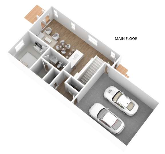 A top down view of a house with a main floor and two cars.