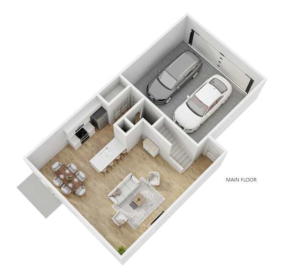 A top down view of a house with a main floor containing a living room, dining room, kitchen, and two bedrooms.