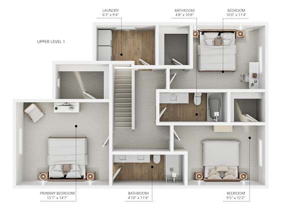 A diagram of a two-level apartment with a primary bedroom, two bathrooms, a laundry area, and an upper level with a bedroom.