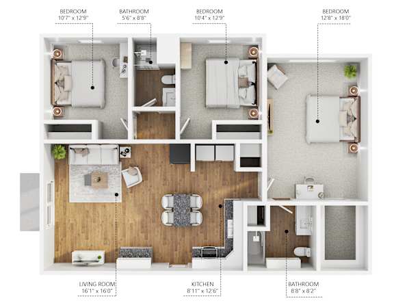 A floor plan of a house showing the layout of the living room, kitchen, and bedrooms.