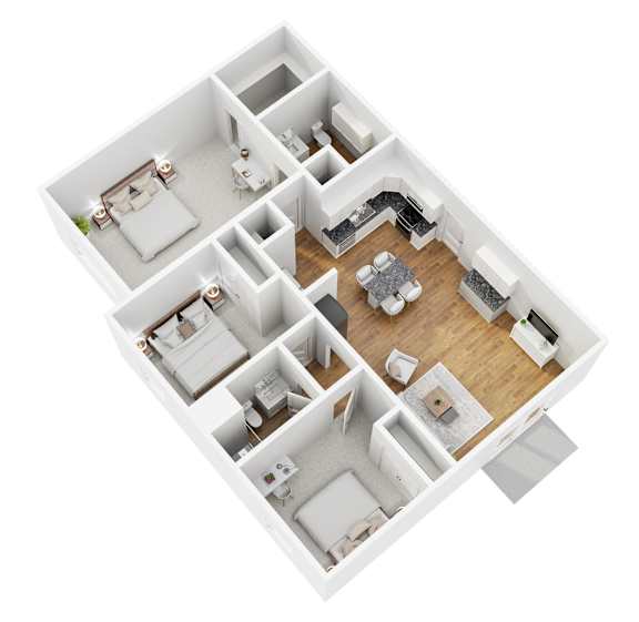 A 3D floor plan of a house with multiple rooms.