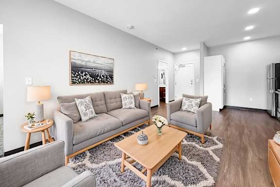 A living room with a grey couch, a wooden coffee table, and a grey rug.
