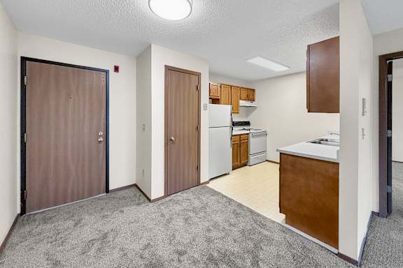 A kitchen area with a refrigerator, oven, and sink.