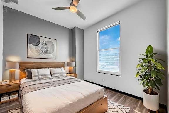 A bedroom with a bed, a ceiling fan, and a potted plant.