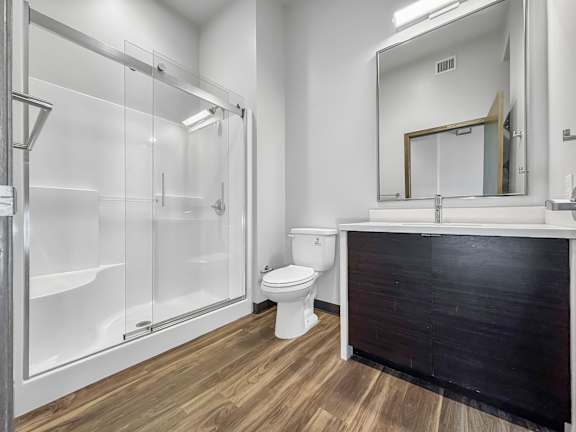 a bathroom with a shower toilet and sink and a mirror