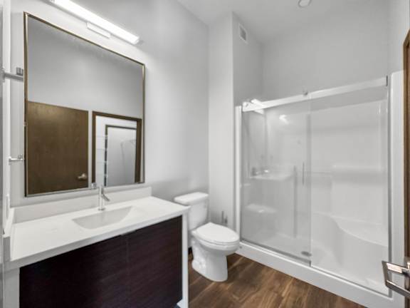 a bathroom with a shower toilet and sink and a mirror