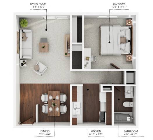 A diagram shows the layout of a small apartment with a living room, bedroom, dining area, kitchen, and bathroom.