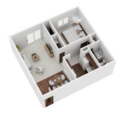 A white model of a house with a living room, kitchen, and two bedrooms.