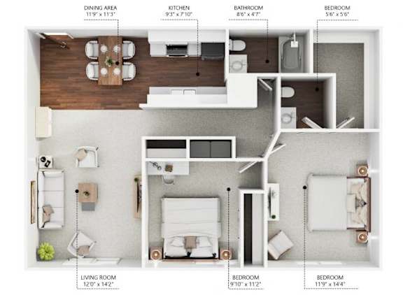 A floor plan of an apartment with a living room, dining area, kitchen, bathroom, and three bedrooms.
