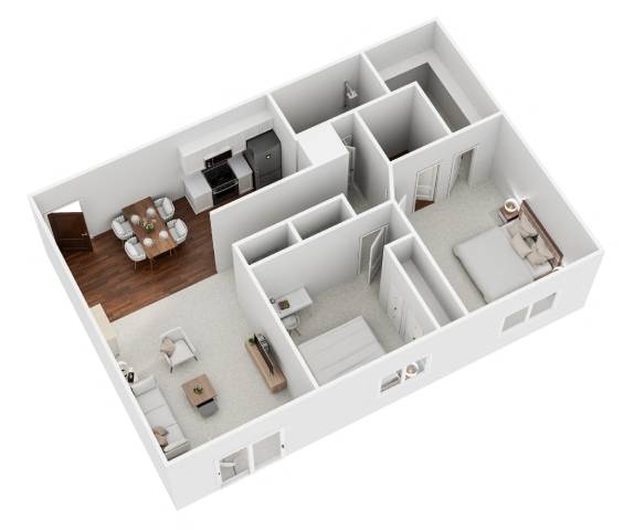 A 3D floor plan of a house with a kitchen, living room, and bedrooms.