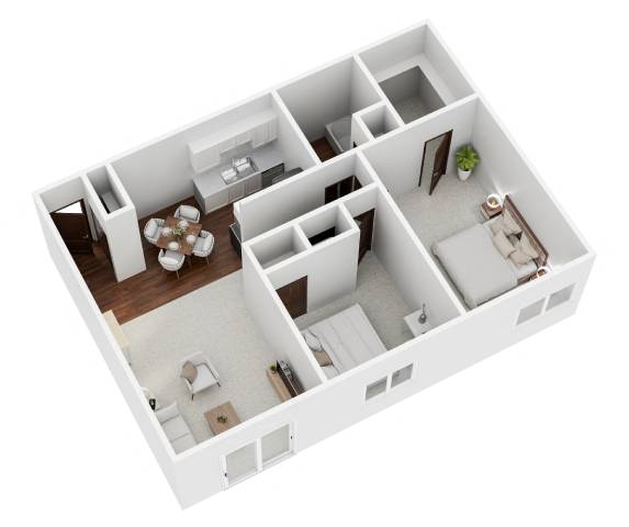 A 3D floor plan of a house with a kitchen, living room, and bathroom.