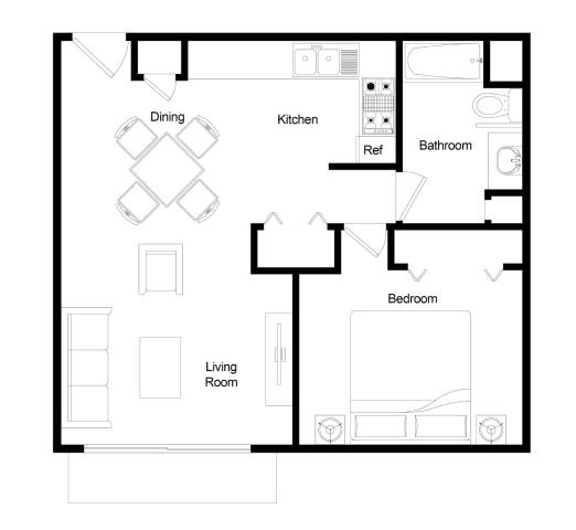 A floor plan of a house with a dining area, kitchen, bathroom, bedroom, and living room.