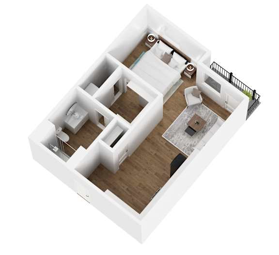 A white modern house with a balcony and a small garden.