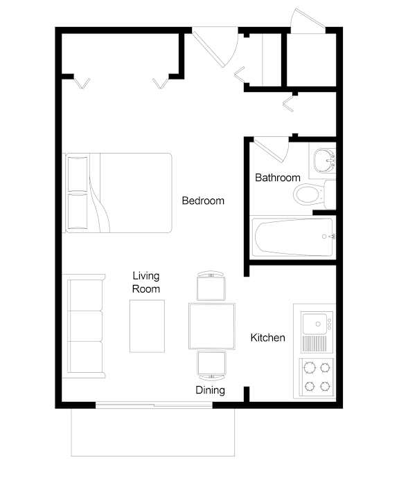 Floor Plan  A floor plan of a house with a living room, dining room, kitchen, bedroom and bathroom.