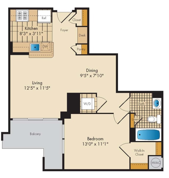 1 Bedroom 1F Floor Plan at Highland Park at Columbia Heights Metro, Washington