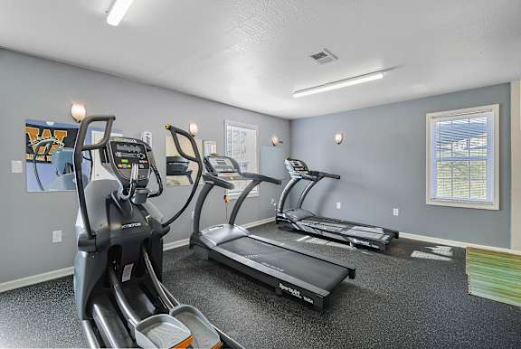 A gym with treadmills and elliptical machines.