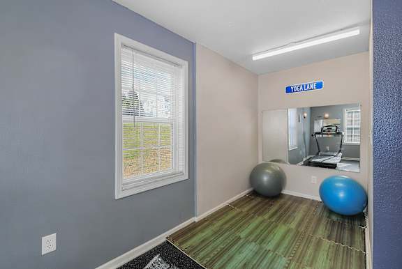 A room with a blue exercise ball and a grey exercise ball on a green striped floor.