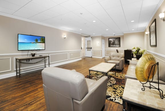 a living room with couches and chairs and a television