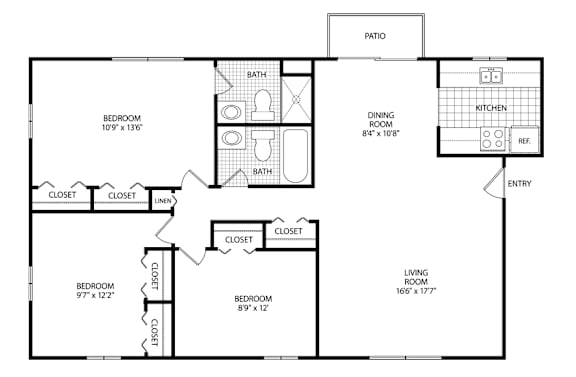 A floor plan of a house with a living room, dining room, kitchen, two bedrooms, two bathrooms, and a patio.