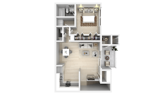 A 3D floor plan of a house with a living room, kitchen, and two bedrooms.