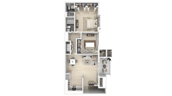A floor plan of a house with a kitchen, living room, and two bedrooms.