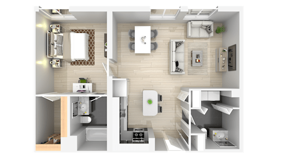 A 3D floor plan of a small apartment with a kitchen, living room, and bedroom.