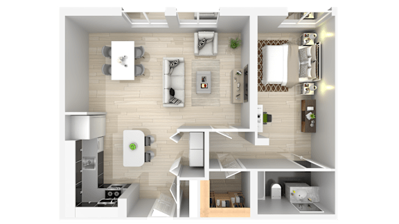 A 3D floor plan of a small apartment with a kitchen, living room, and bathroom.