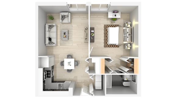 A top-down view of a well-organized apartment with a kitchen, living room, and bathroom.