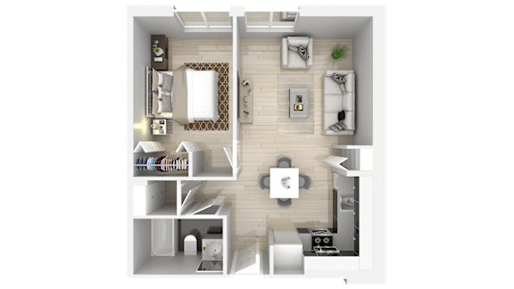 A top-down view of a small apartment with a bedroom, living room, and kitchen area.