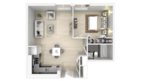 A top-down view of a modern apartment layout with a living room, kitchen, and bedrooms.