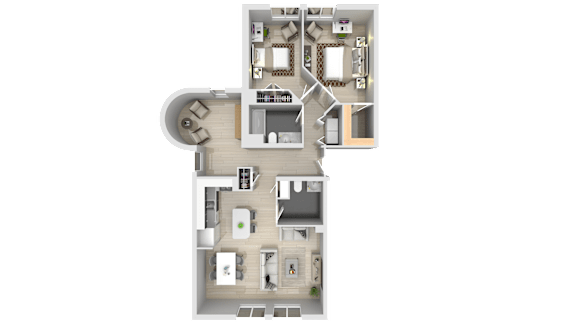 A 3D floor plan of a house with a kitchen, living room, and two bedrooms.