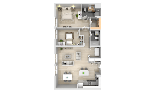 A 3D floor plan of a house with multiple rooms.