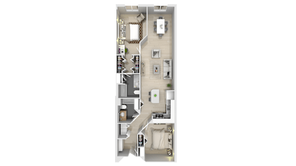 A floor plan of a house with a kitchen, living room, dining room, and two bedrooms.